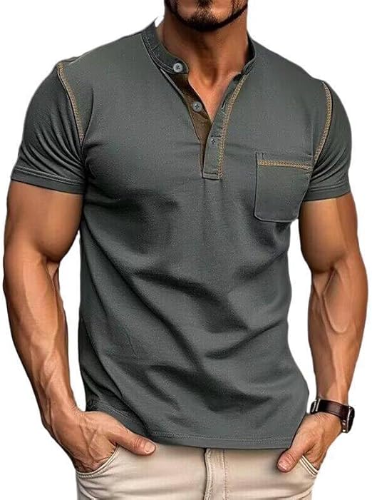 Men's Henley Shirts Short/Long Sleeve Casual Cotton T-Shirt Classic Button Basic Stylish Tees Tops