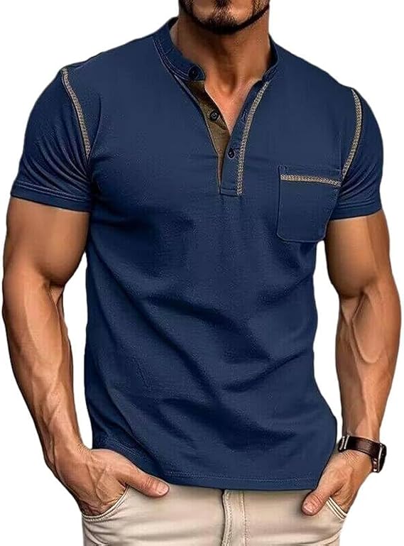 Men's Henley Shirts Short/Long Sleeve Casual Cotton T-Shirt Classic Button Basic Stylish Tees Tops