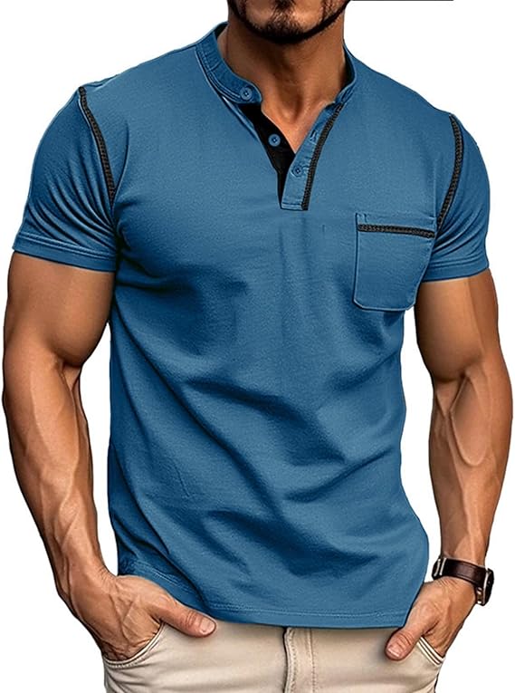 Men's Henley Shirts Short/Long Sleeve Casual Cotton T-Shirt Classic Button Basic Stylish Tees Tops